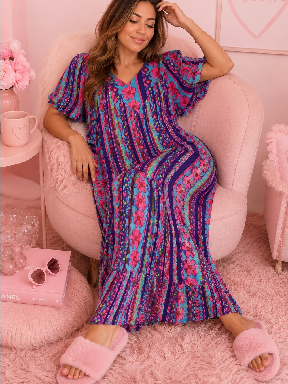 ERIKA TAYLOR Colorful Boho Floral Lounger cftanyMaxi Dress size large oversized